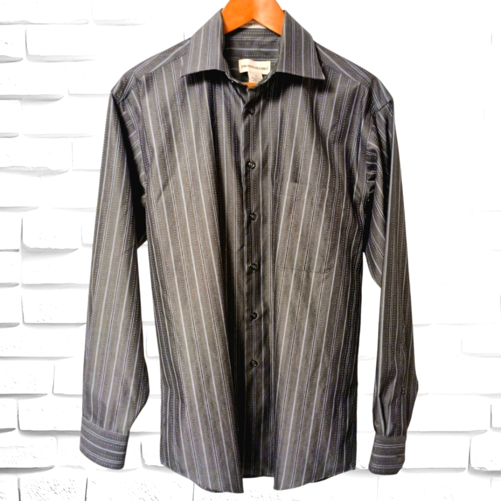 Men's Pronto Uomo Shirt, Size Medium, Gray Stripe, Cotton, Long Sleeve.